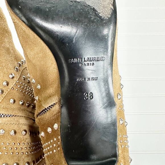 Saint Laurent Cat Ankle Bootie 50 Tan Suede Studded Heels Western Kitten - Picture 5 of 14